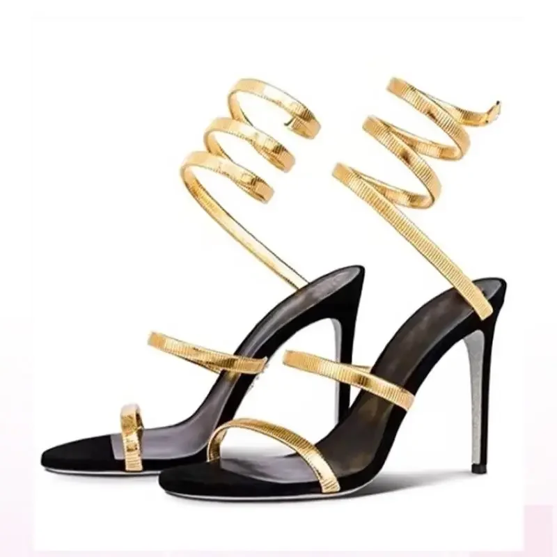 2025 Summer Fashion Sexy Round Toe Ankle Strap Snake Wrap Gold Silver High Heel Sandals Women's Banquet Wedding Shoes