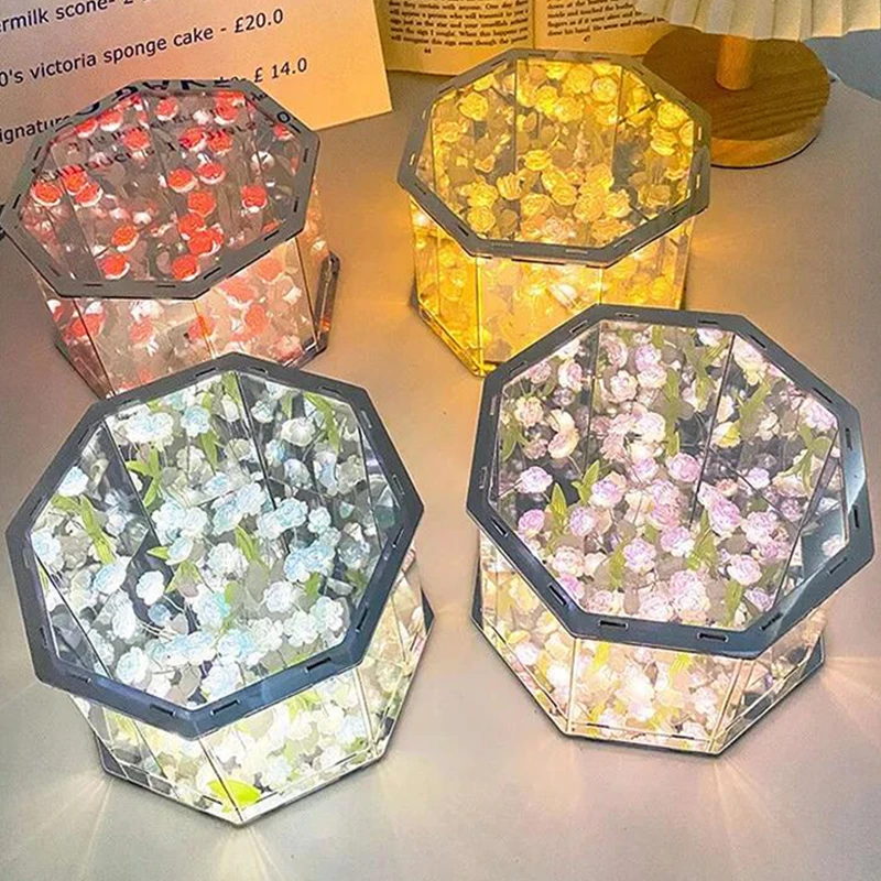 New DIY Tulip Mirror Cube Lamp Three-Dimensional Nightlight Material Package Handmade Craft Birthday Gifts Led Tulip Night Light