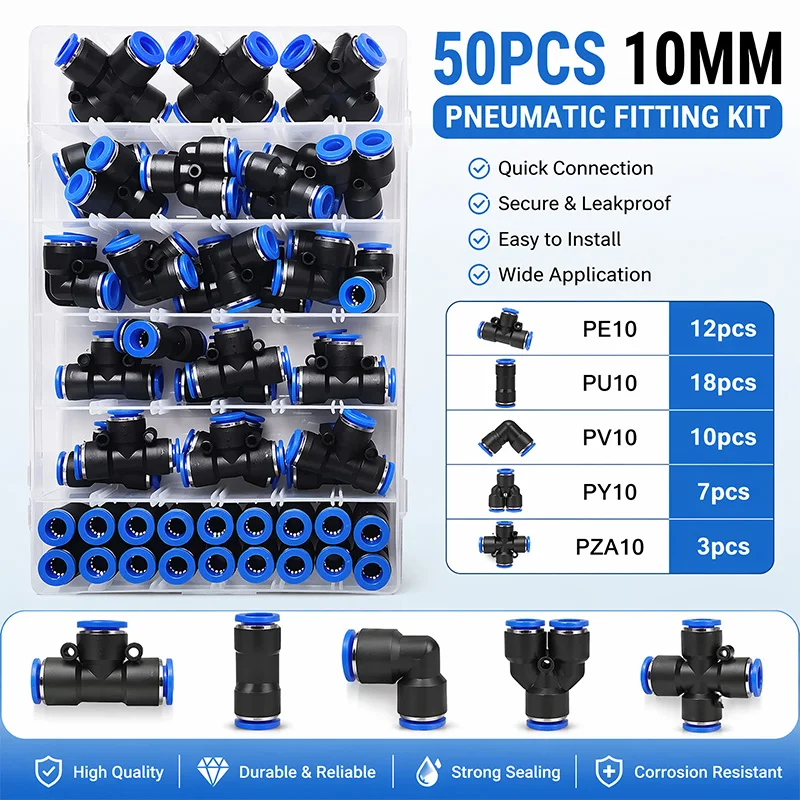 

50Pcs 10mm Pneumatic Fitting Kit PE10 PU10 PV10 PY10 PZA10 Air Hose Quick Connect Push in Joint Tee Elbow Coupling Connector