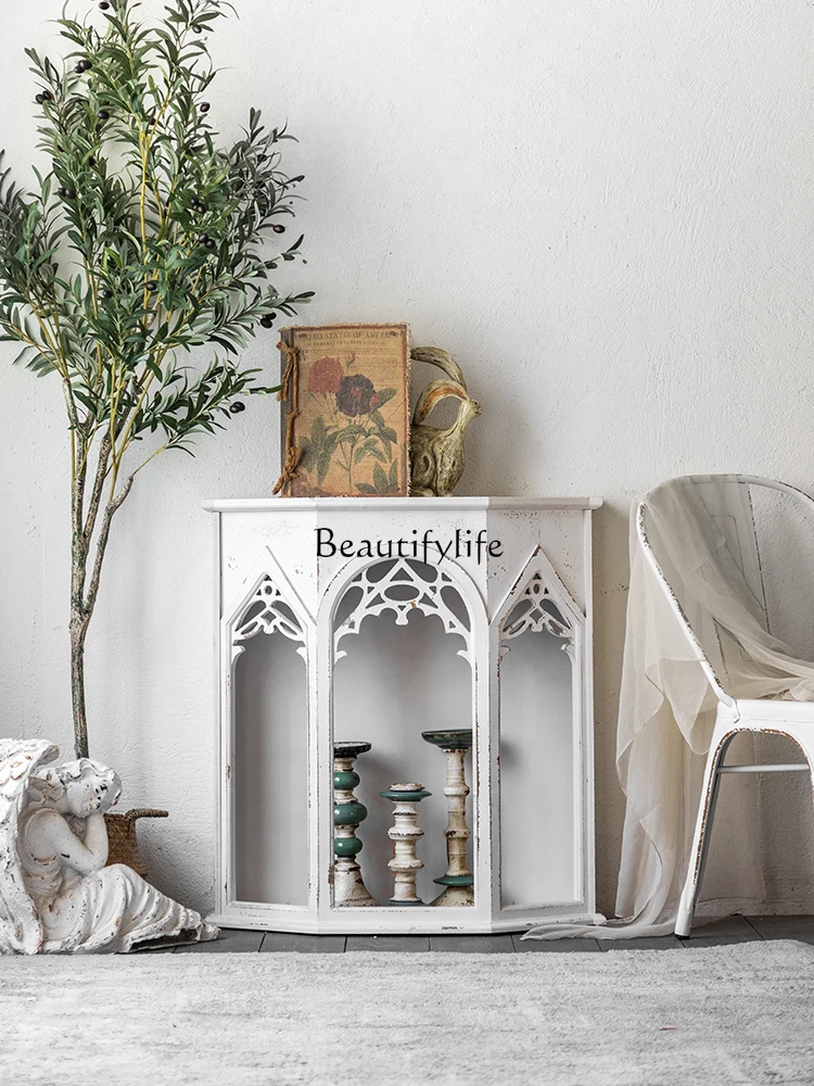 French Fireplace Curio Cabinet Simulation Retro Distressed Solid Wood Console against the Wall