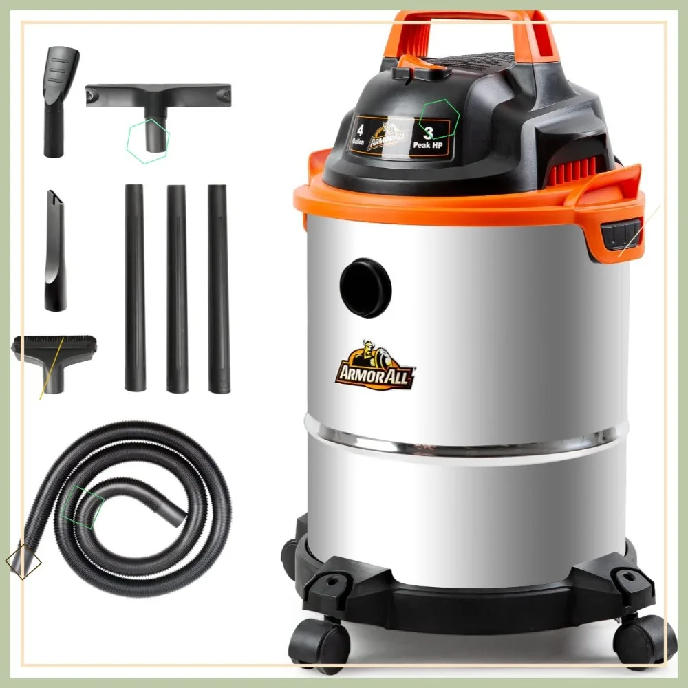 

4 Gallon 3 Peak HP Stainless Steel Wet/Dry Vacuum, Orange - Powerful Suction for Home & Workshop