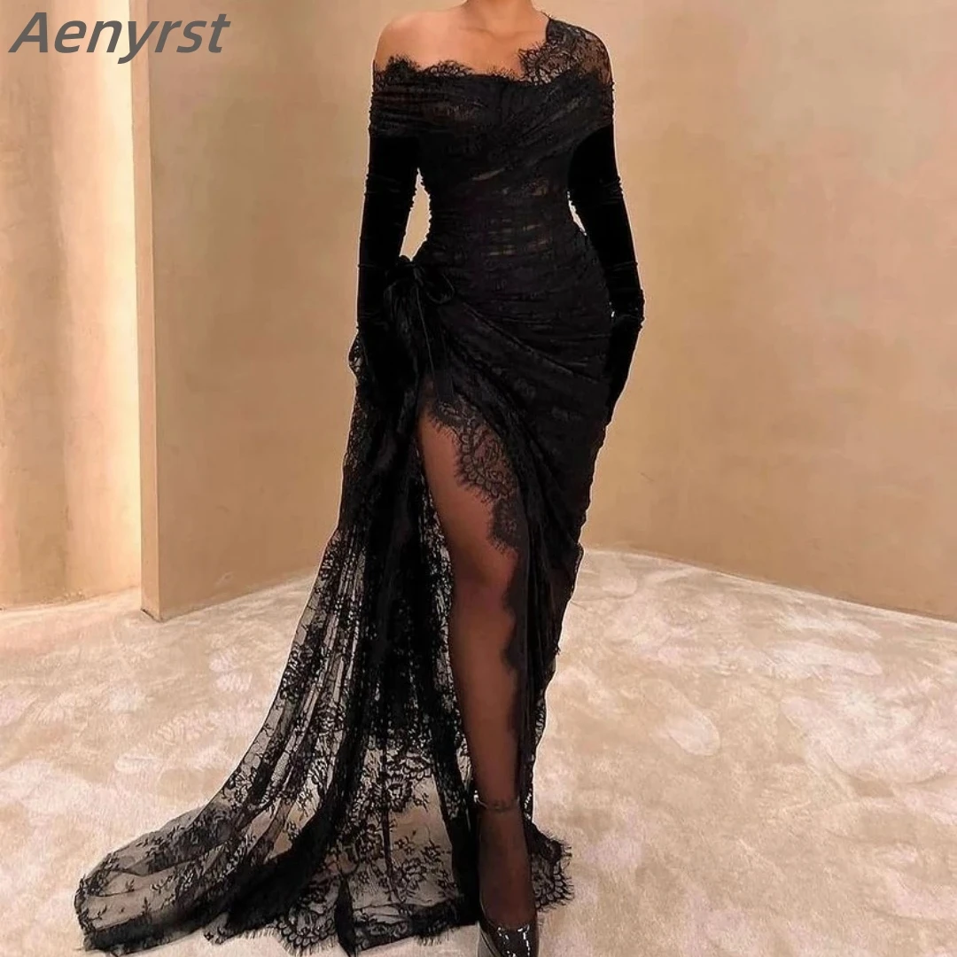 

Aenyrst Elegant Long Black Evening Dresses Off Shoulder High Slit Mermaid Formal Prom Dress Women Vintage Lace Ruched Party Gown