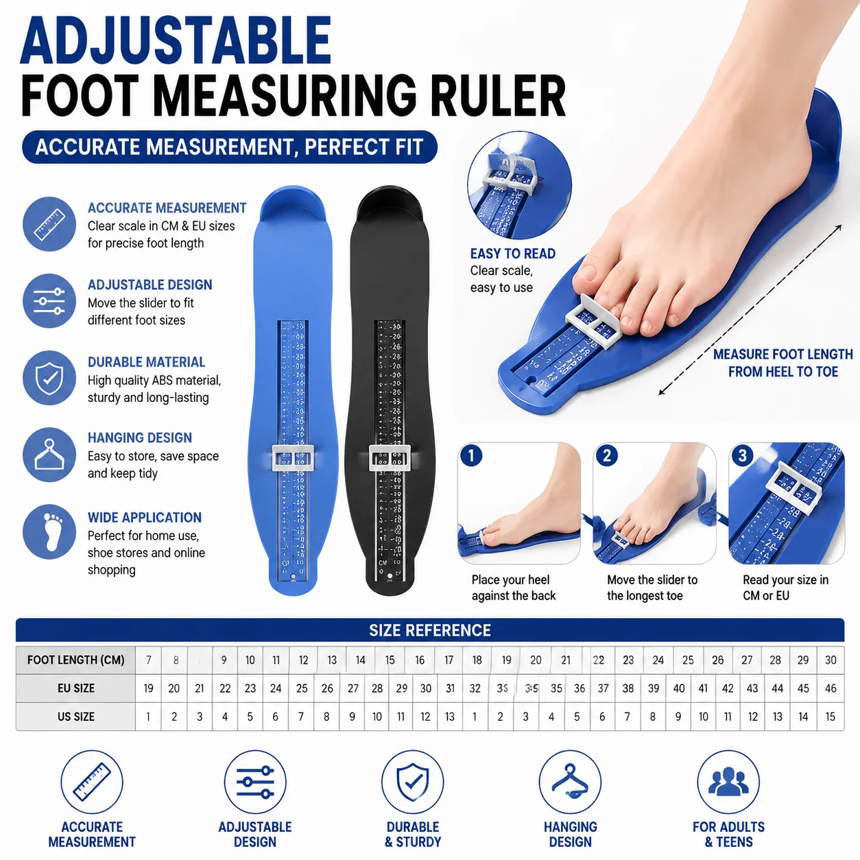 Adjustable Shoe Size Measuring Tool Foot Length Ruler Accurate Foot Gauge for Adults Kids Home Fitting