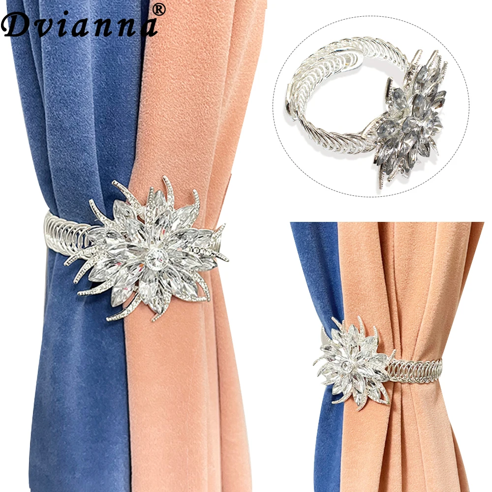 2PCS Silver Floral Crystal Curtain Tiebacks, Adjustable Opening Design, Metal Window Decor for Living Room Bedroom Windows