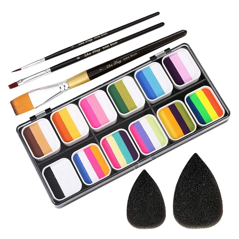 

Face Paint Kit Accessories 1-Stroke 12 Split Cake Palette,Water Activated Body Paint Set With 3 Brushes 2 Sponges Non-Toxic