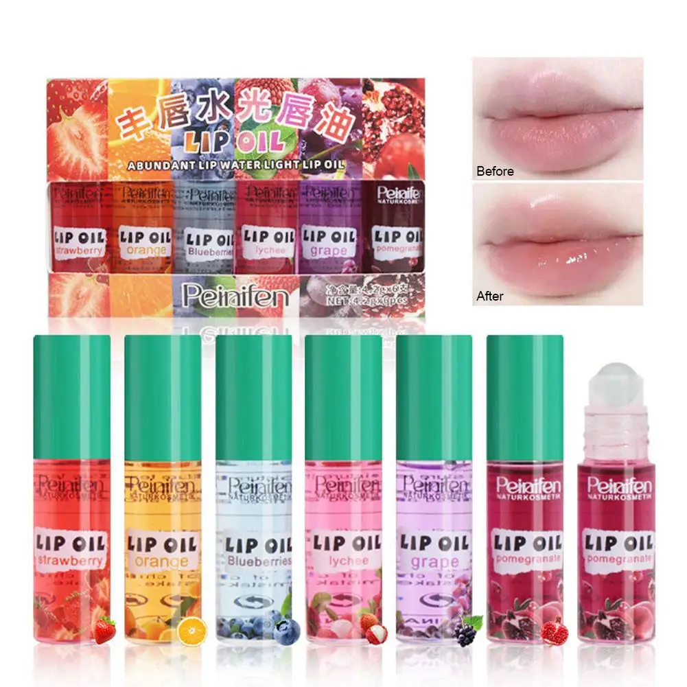6Pcs/Set Peach Strawberry Fruit Roll-on Lip Balm Makeup Moisturizing Clear Cherry Grape Transparent Lip Oil Hydrating Lip Gloss