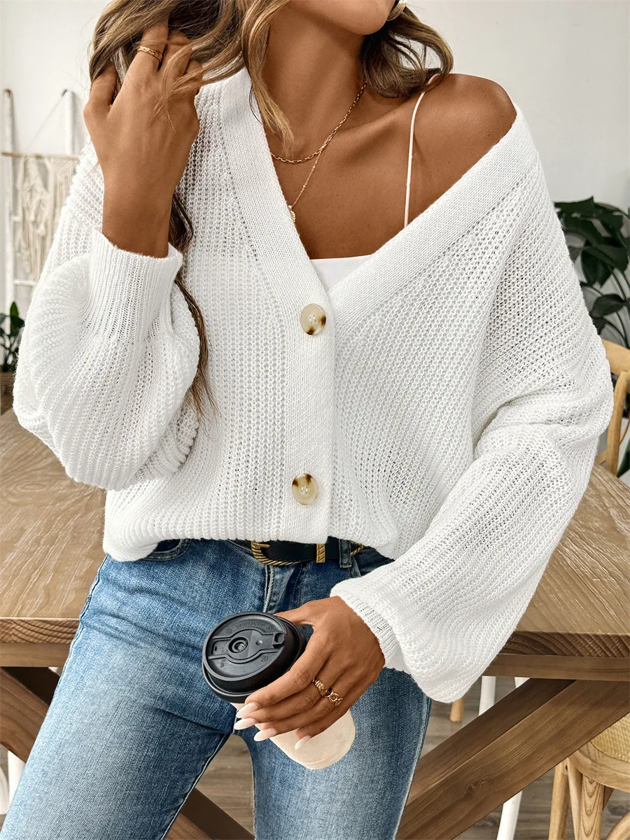 2026 Cardigan Button Solid Color Single Breasted Knitted Sweater Jacket For Women's Autumn Winter Cardigan, Simple Short Sweater