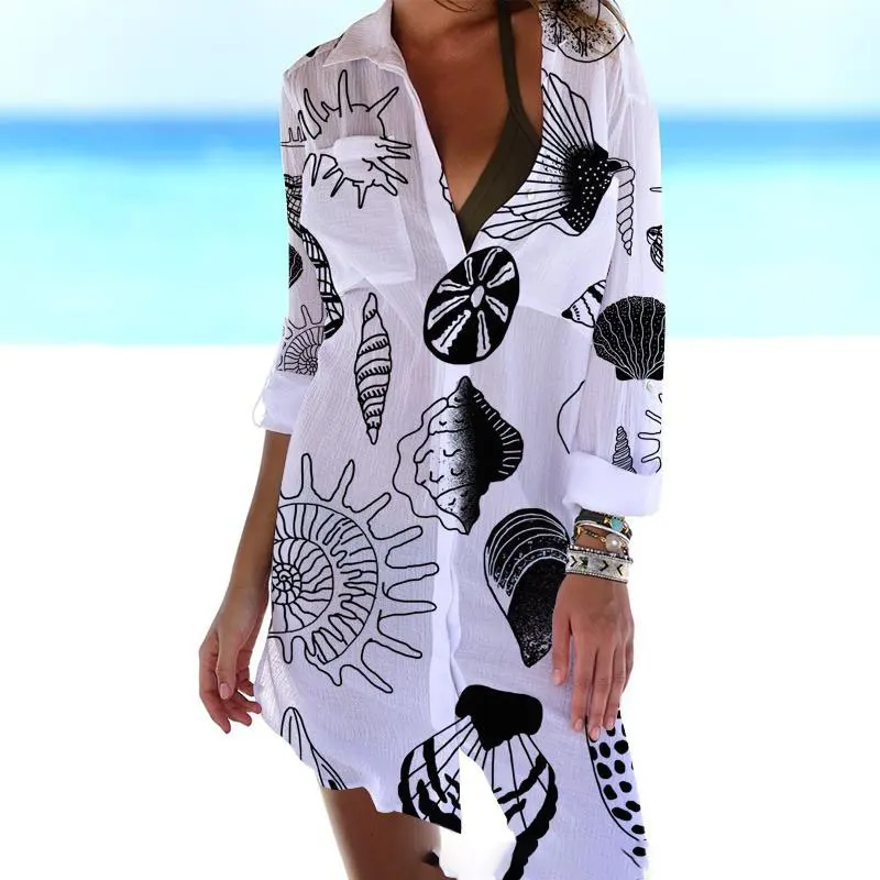 Summer New 3D Print Ocean Animal Sexy V-neck Long sleeved Loose Dress Bohemian Beach Party Vest Robe Sun Dress Beautiful Summer