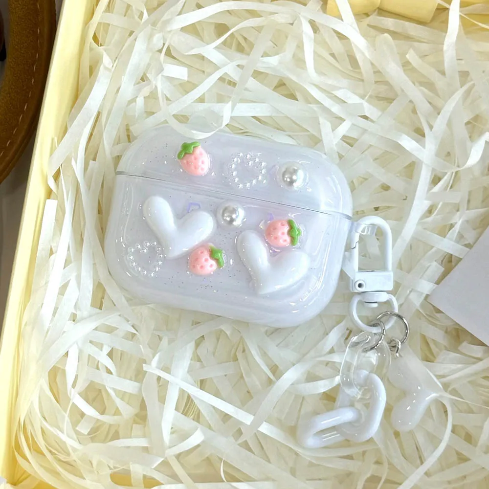 Earphone Case For AirPods 4 2024 Glitter Flower Heart Strawberry Pearl Protective Case Keychain for Airpods 1 2 3 4th Pro Pro2