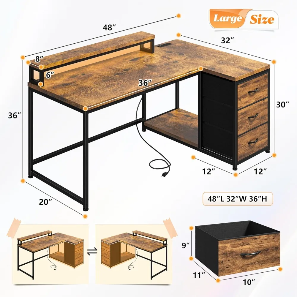 L-Shaped Gaming Desk with LED Lights and Power Outlet, 48-Inch Corner Computer Desk with Drawers, Reversible Office Desk