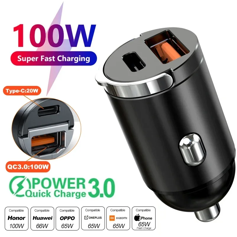 Mini chargeur de voiture à charge rapide, adaptateur de chargeur de téléphone de voiture USB C, 100W, PD, QC, anneau nervuré, iPhone 13, 12, Xiaomi, Samsung, Huawei