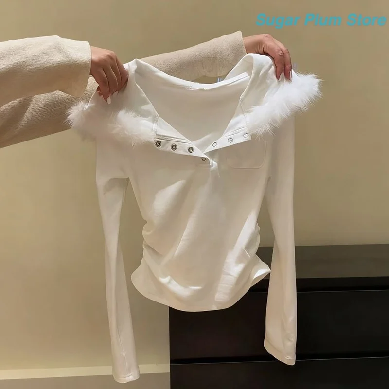 Minimalist Wind Girl Winter New Loose V-neck Long-sleeved Top White Plush Piping Silver Button Soft Skin-friendly Commuter Top