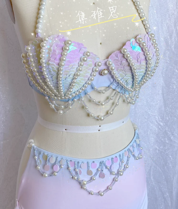 Mermaid Swimsuit Women Bikini Handmade Sequins Shell Bikini Sets Freediving Show Swimwear Tassel Beading Chest Pad Cos Bar Bra