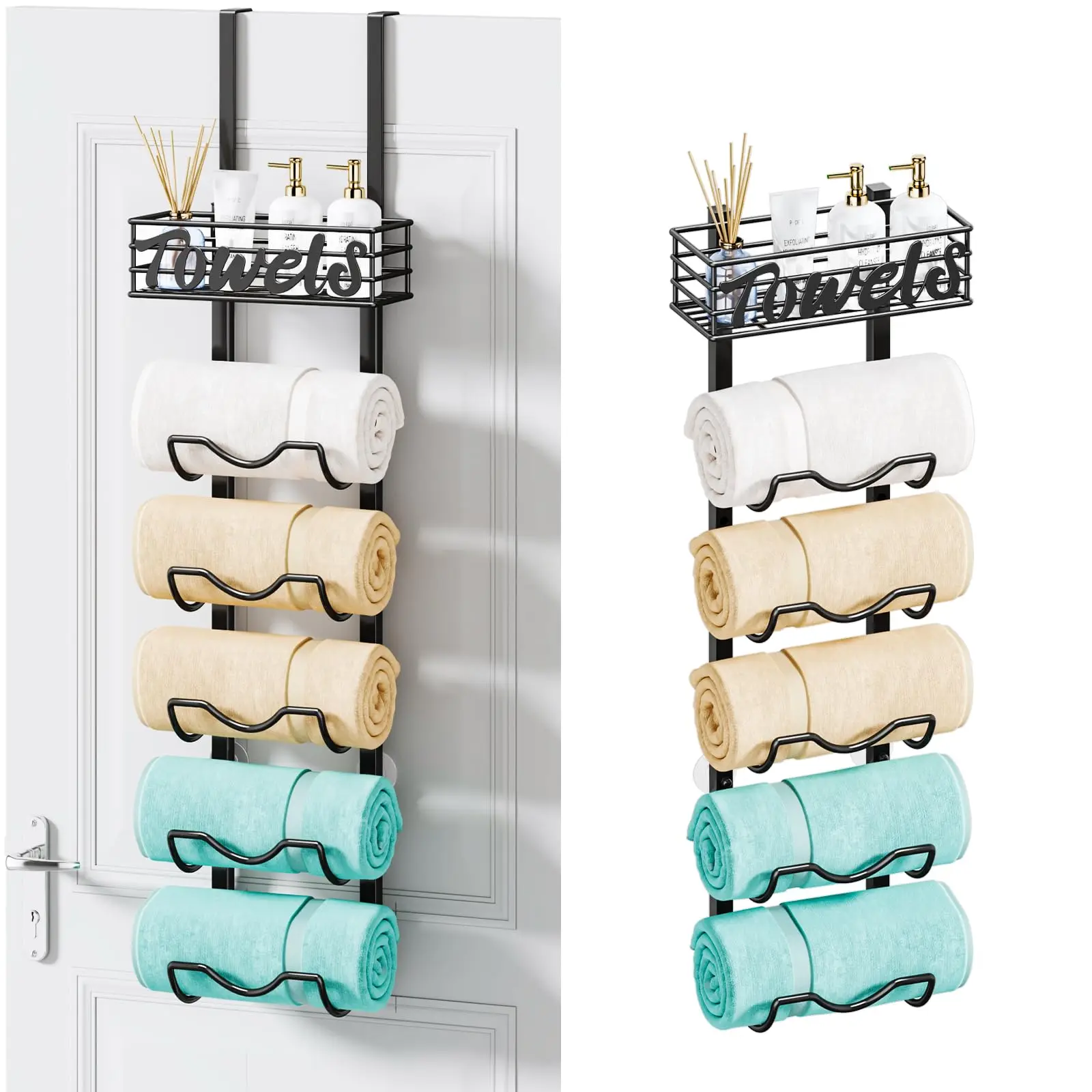 

Over The Door Towel Rack 6 Tier Wall Mount Rolled Towel Holder With Storage Basket Black