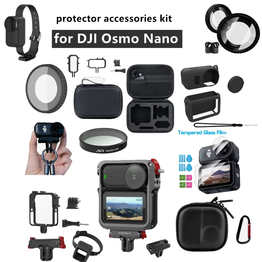 

Комплект аксессуаров для DJI OSMO NANO: портативный мини-кейс, сумка для хранения, силиконовый чехол, защитный адаптер, чехол для дайвинга, защитная пленка.