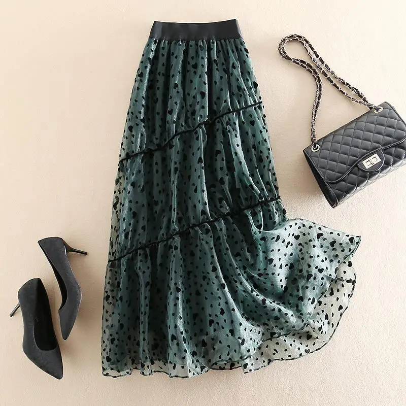 

Женская юбка миди А-силуэта из бархата с эластичным поясом, высокой талией и вставками из ПВХ, в стиле фейри