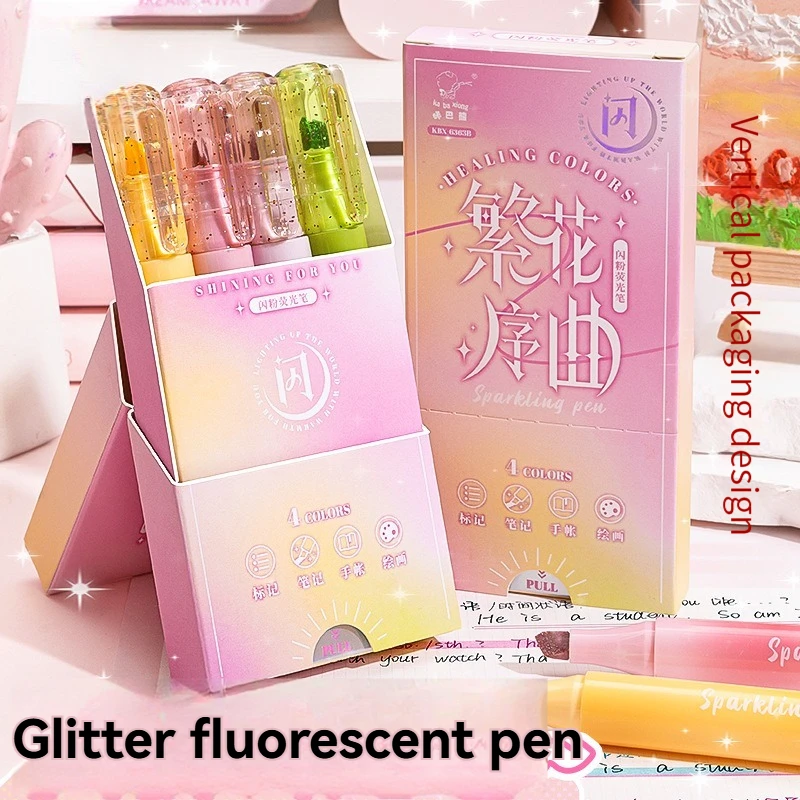 4PC Aurora Dance Sparkling Pink Fluorescent Pen High Appearance Key Point Pen Hand Account Pen Fluorescent Pen ins Hand Account