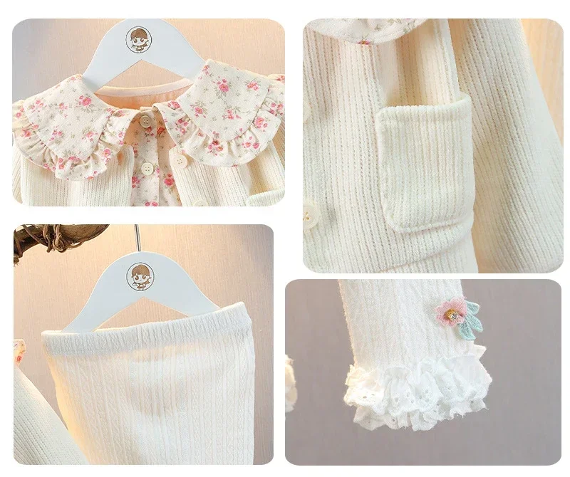 2024 Autumn New Girl Korean Edition Sweet Cute Flower Two Piece Set Baby Autumn Dress Little Girl Short Skirt Set Girl Clothes