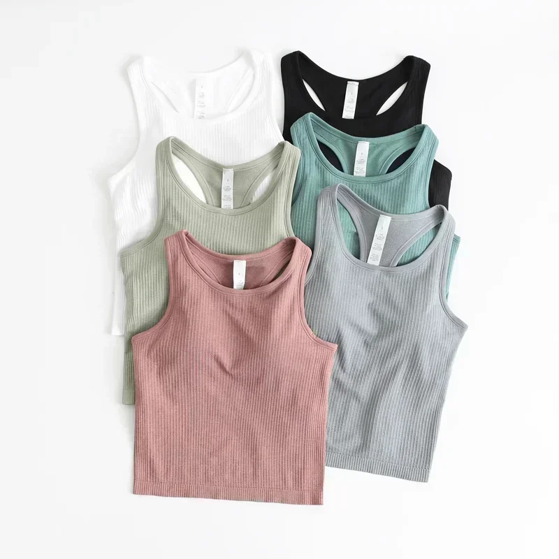 Citroen Vrouwen Racerback Yoga Tank Tops Fitness Mouwloze Cami Sportoverhemden Slank Geribbeld Sportvest Gebouwd In Bh Top Blouses