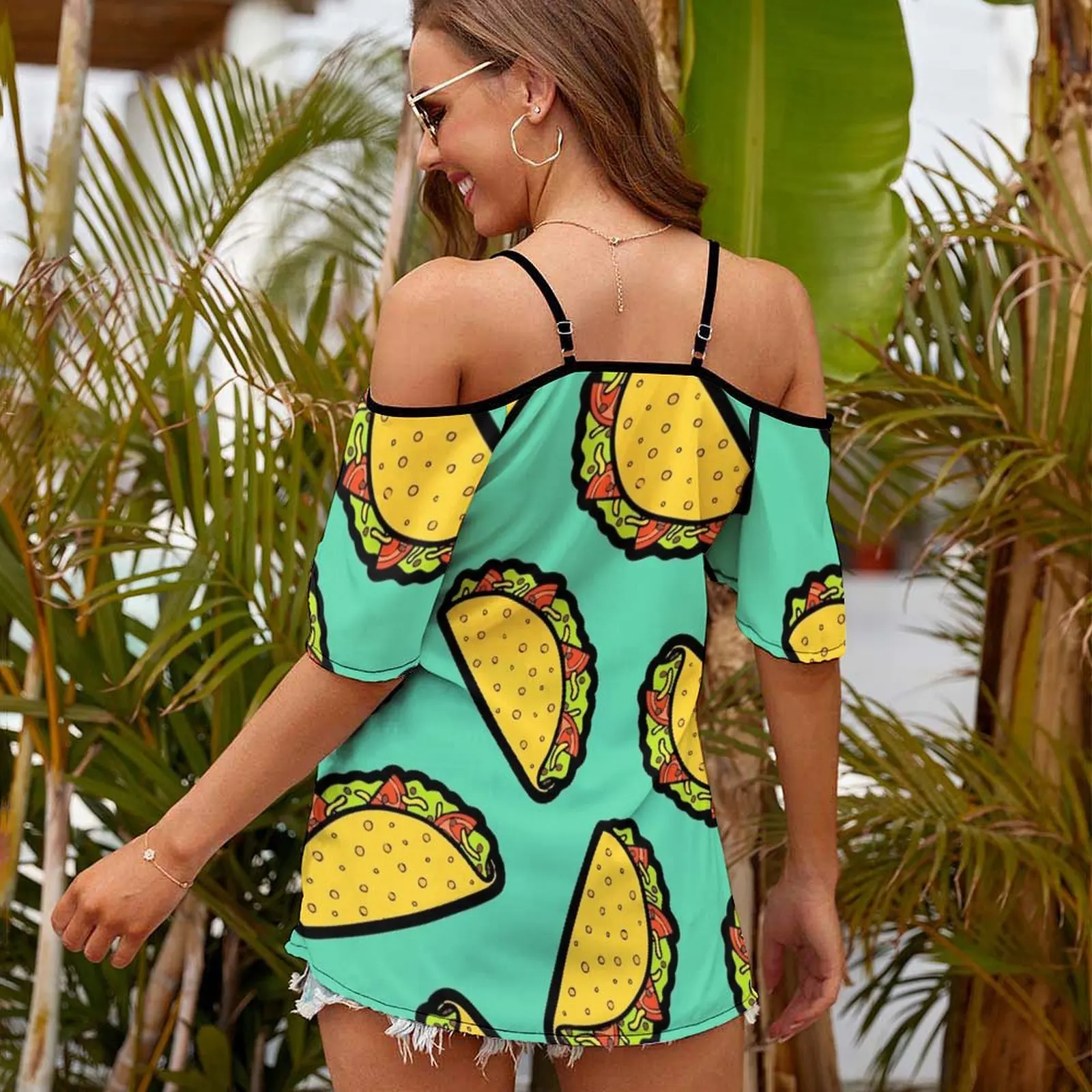 It'S Taco Time! Print O-Neck Off-The-Shoulder Top Short-Sleeved T-Shirt Ladies Streetwear Taco Tacos Taco Tuesday Tortilla