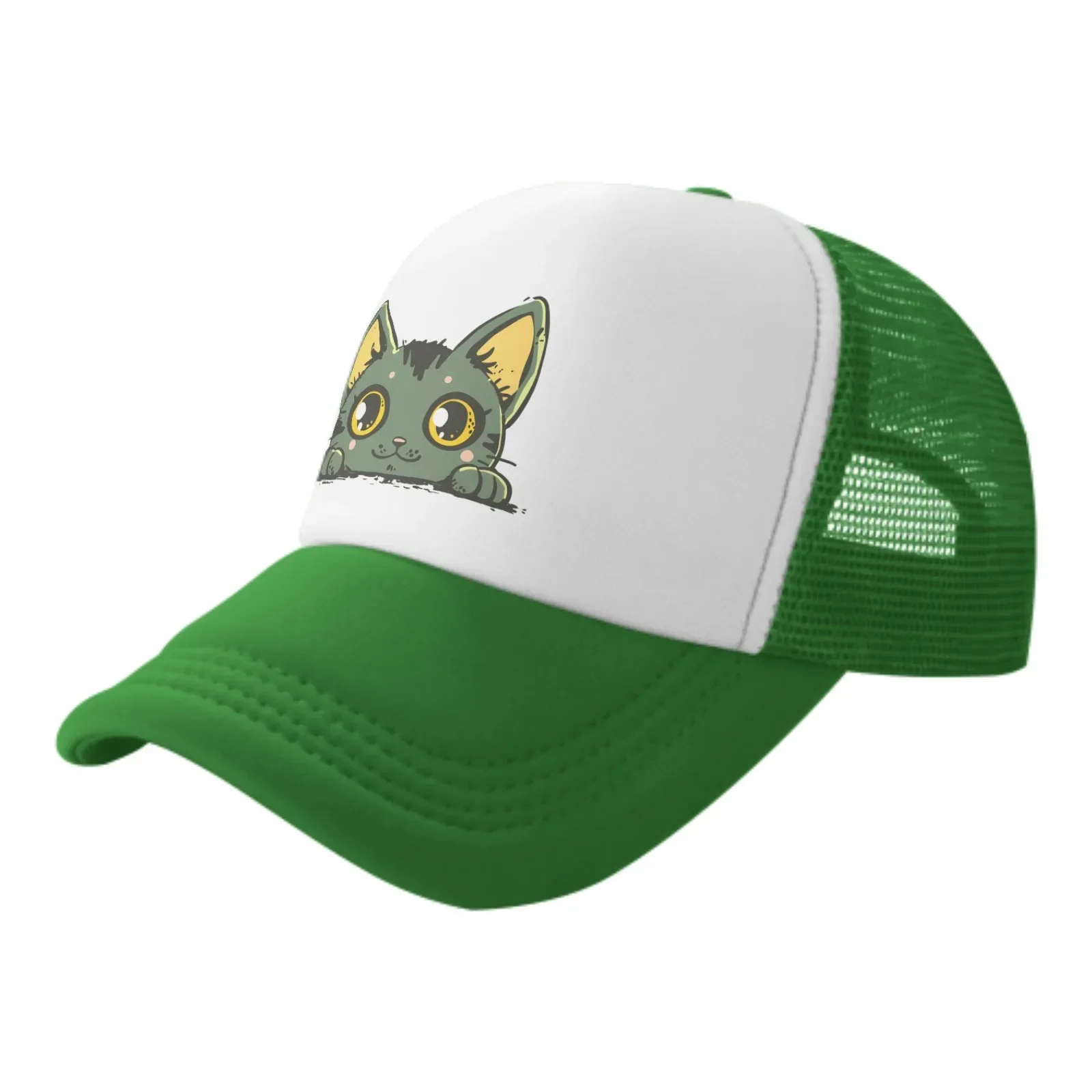 Big Eyes Green Cat Be Prostrate Summer Leisure Sports Daily Sun Hat Fishing Outdoor Men's and Women's Truck Caps Fashion