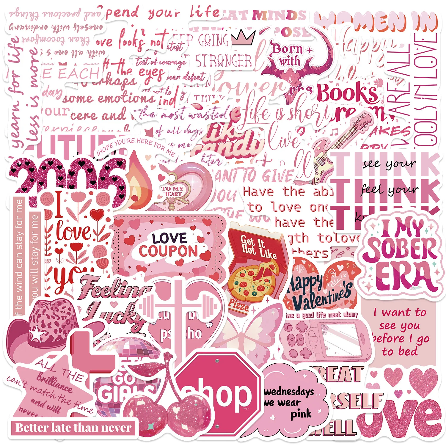 50/100 Stück Rosa Romantische Zitate Graffiti-Aufkleber Dekorative Gepäck- und Notizbuch-Aufkleber DIY Wasserfeste Schreibwaren-Sticker
