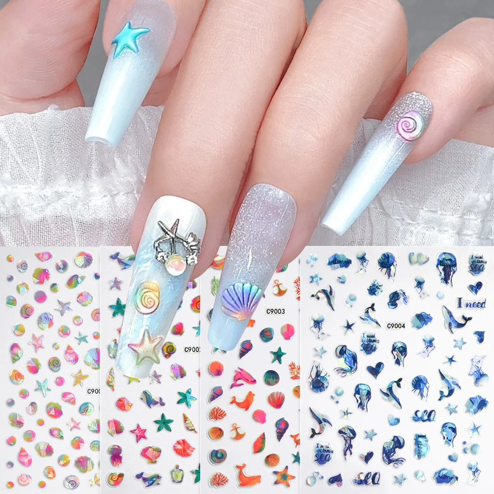 1pc Kawaii Sea Starfish Nail Art Stickers Ocean Shell Conch Jellyfish Stars Adhesive Slider 8*10cm Manicure Decals Decoration