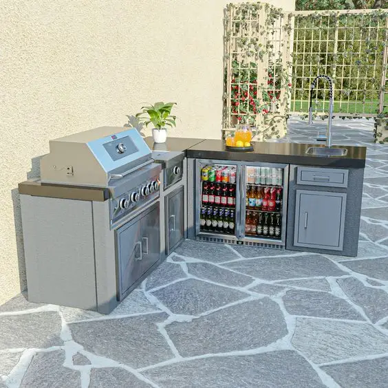 

Vermont Fixed Bbq Portable Garden Outdoor Grill Kitchen Set L Shape Modular Island Stainless Steel Kitchen With Bar Stone
