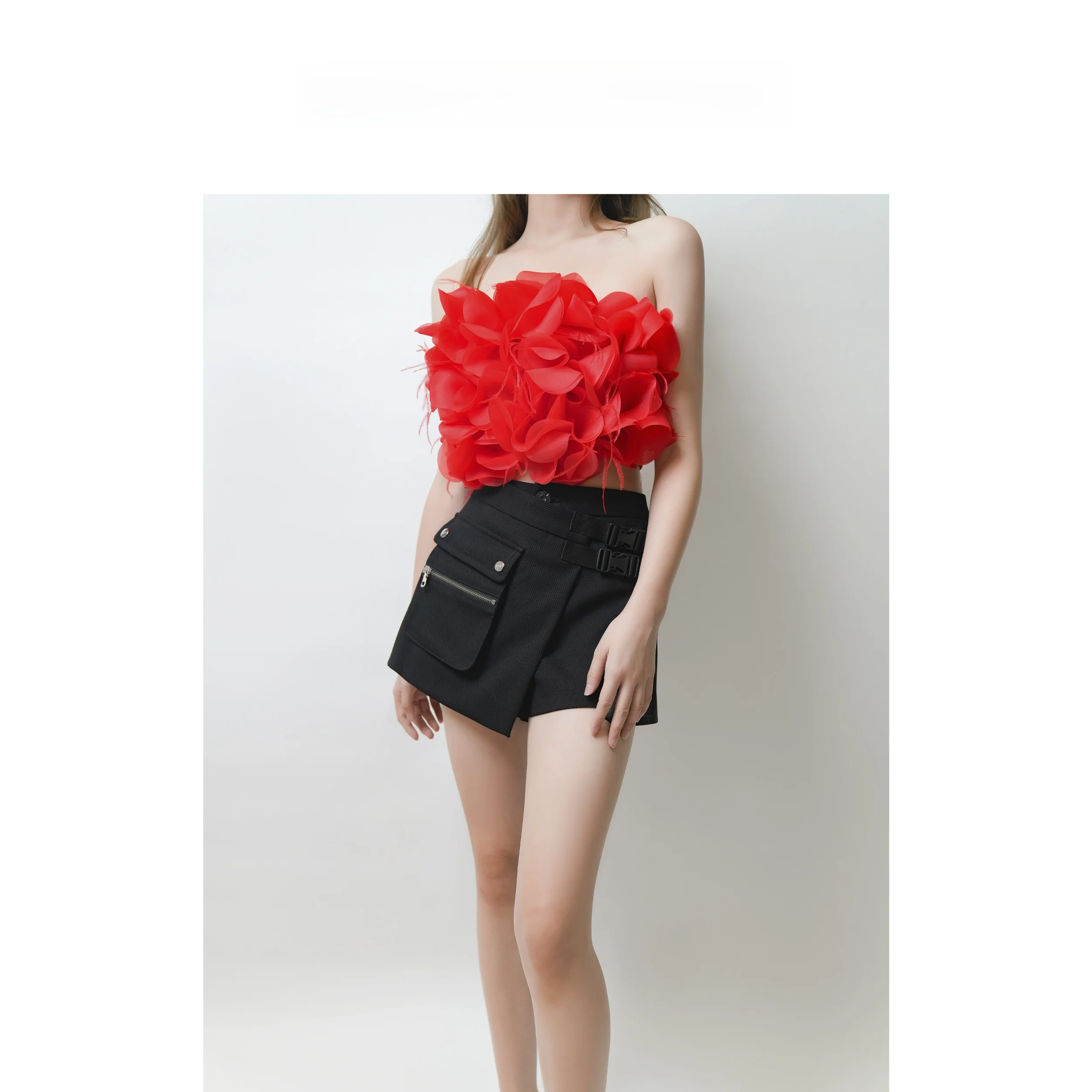 

LE BON TEMPS Summer New 3D Embroidered Strapl Top C800960 Slim Fit ort Length Polyester Original Design Pure Color