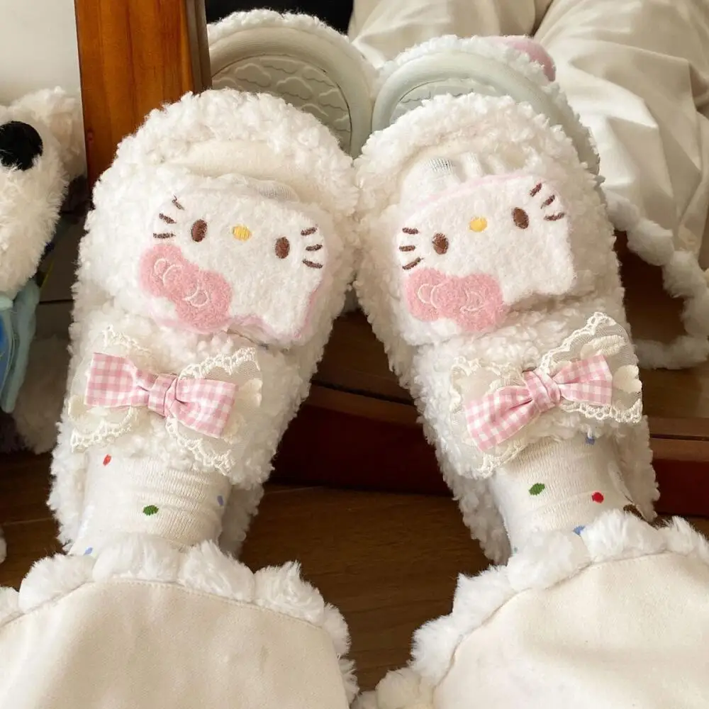 Kawaii женская обувь с героями мультфильмов, бархатные теплые удобные тапочки с милым бантом в стиле аниме, зимние пушистые тапочки, домашние тапочки