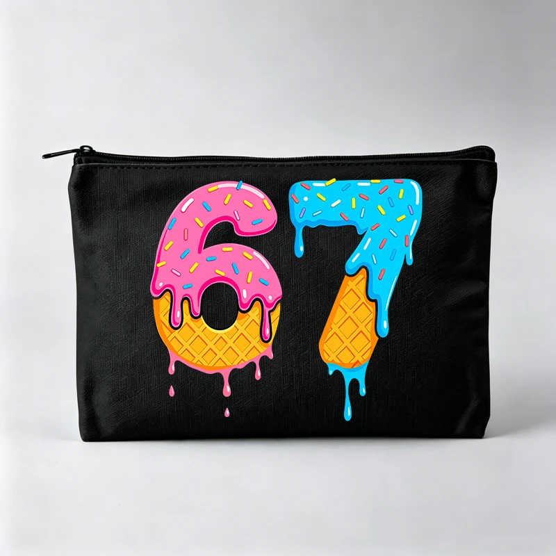 Women's Number 67 Ice Cream Cone Print Makeup Bag, Sweet Dessert Graphic Cosmetic Pouch for Daily Use