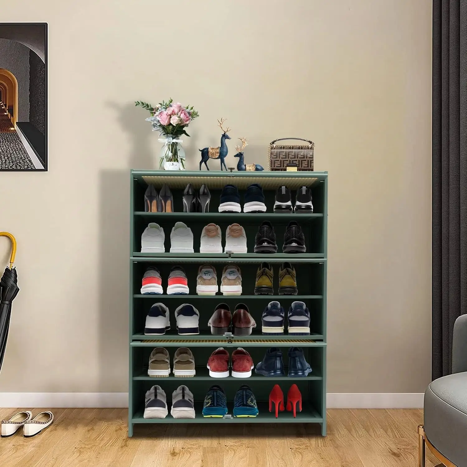 

7-Tier Bamboo Shoe Rack with 3 Breathable Flip-up Doors Shoe Organizer Cabinet for Closet, Hallway, Entry Way, Customized
