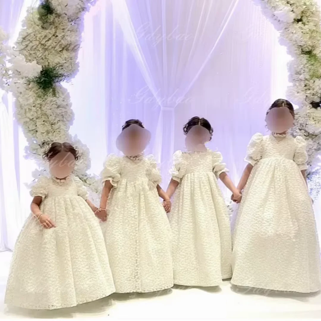 Vestido elegante de encaje con mangas abullonadas y cuello alto para niña, vestido de princesa de cintura alta, vestido de primera comunión personalizable