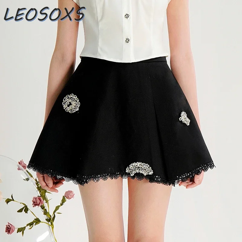 LEOSOXS Designer Black Skirt Women 2025 Spring New Fashion Versatile Nail Drill High Waist Thin Short Pleated Skirt for Girls