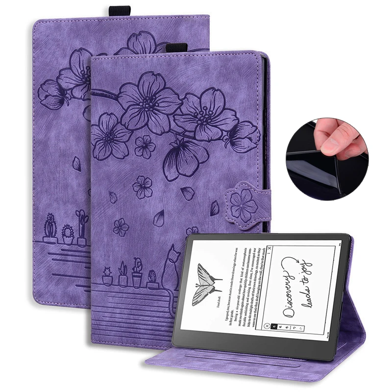 

For Kindle Scribe Case 10.2 Inch Cute Cat Flower Embossed PU Leather Magnetic Shell Soft Silicone Back for Kindle Scribe Cover
