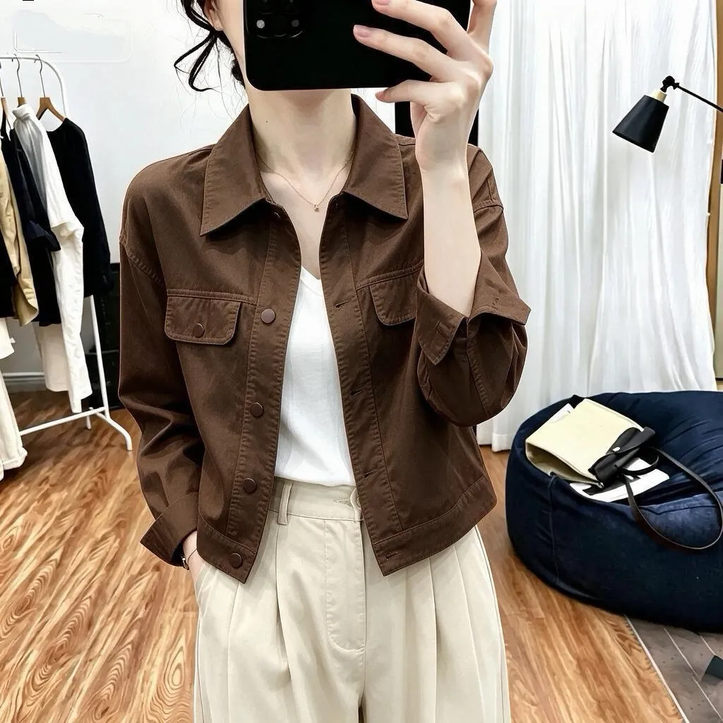 Casual Short Women's Shirt Jacket Autumn Winter Thin Style Korean Design Workwear Windproof Polyester Fabric Small Size Top