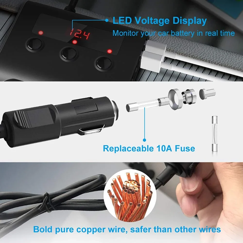 8.5A 4 USB Ports Car Charger Quick Charge 3.0 Cigarette Lighter Adapter 120W 12V/24V 3-Socket Power Splitter Dc Outlet