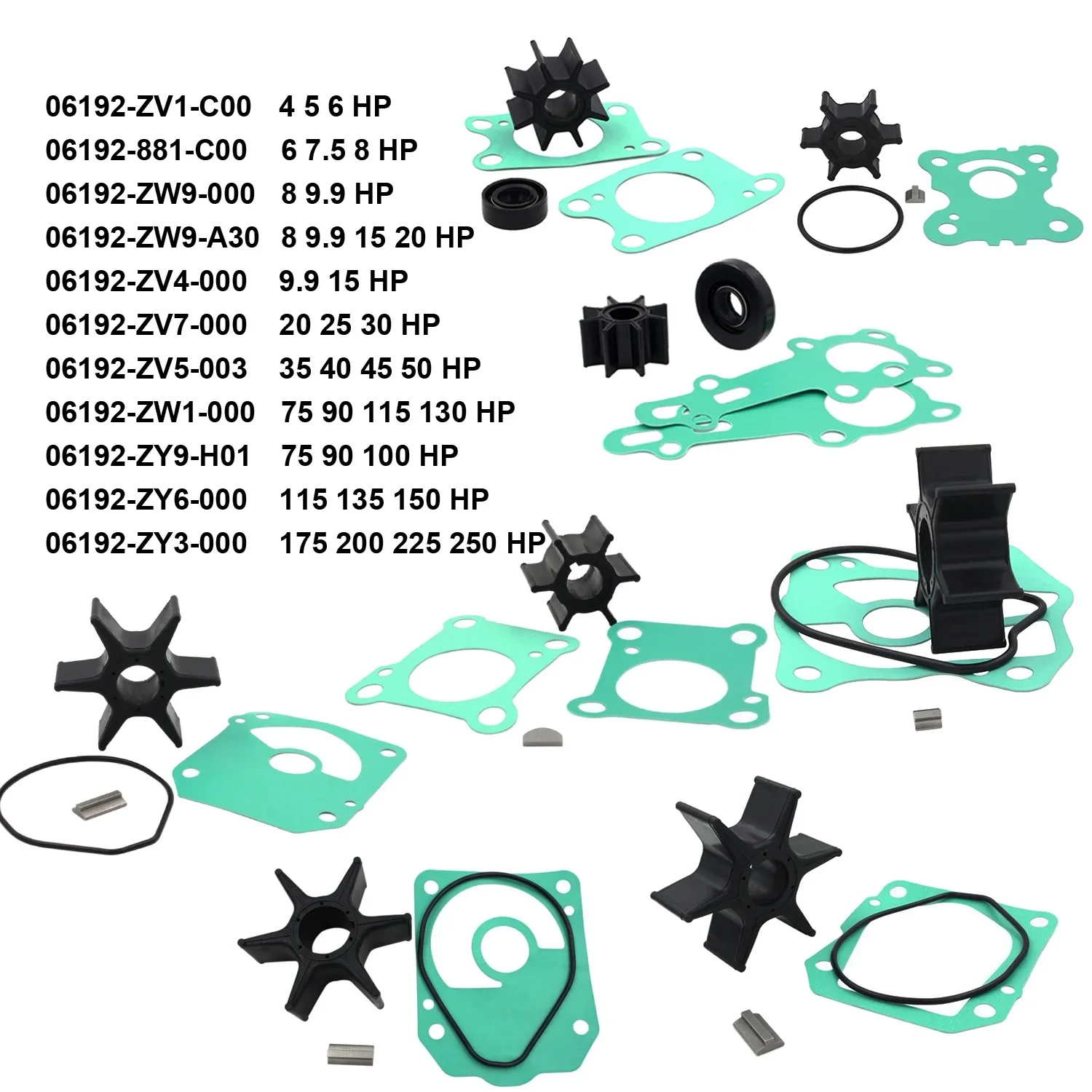 06192-ZW9-A30 Fit Honda 4 5 6 7.5 8 9.9 15 20 25 30 40 50 75 90 100 115 130 - 250 HP Kit de serviço de impulsor de bomba de água de popa