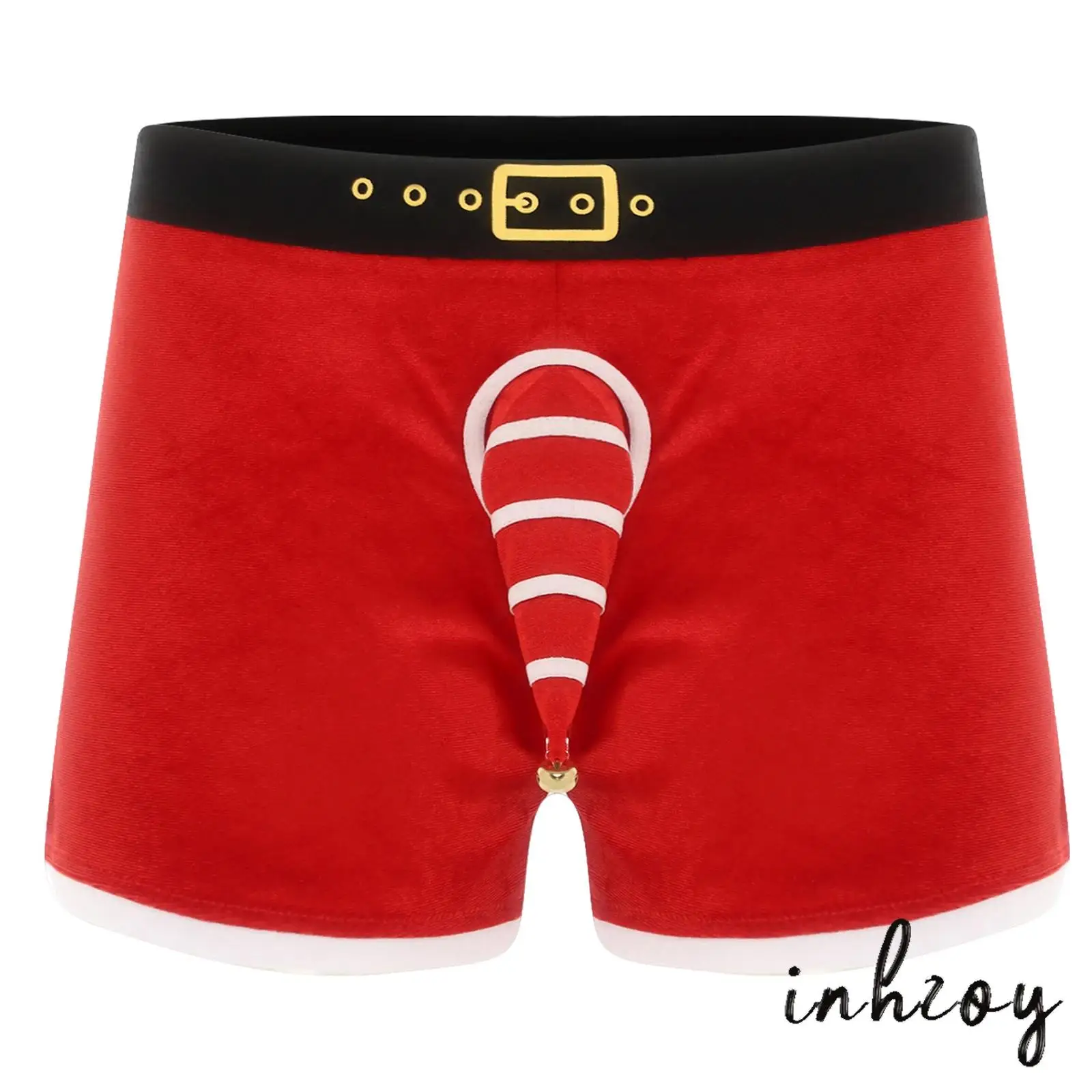 

Mens Christmas Boxer Shorts Underwear Striped Sheath with Bell Decor Waistband Santa Briefs Lingerie for Cosplay Dating Night