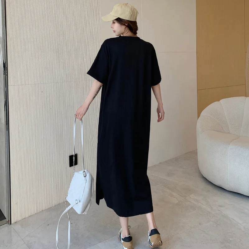 Abito t-shirt a maniche corte stile coreano casual allentato Abito lungo estivo da donna Abito longuette alla caviglia con scollo tondo e spacco allentato