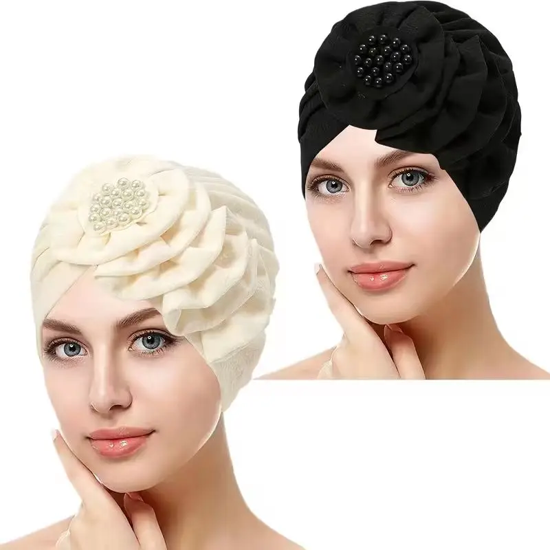 2pcs Flower Turban Head Wrap Set, Elegant Pleated Fabric Chemo & Muslim Headwear for Women, Neutral Tone Pack