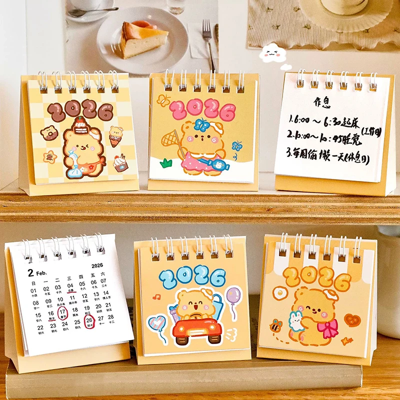 Kalender Meja Custard Bear 2026, Kalender Portabel dengan Spiral, Perencana Jadwal, Dekorasi Meja, Perencana Harian, Perlengkapan Kantor dan Sekolah