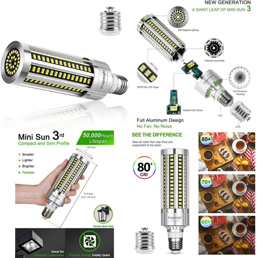 

60W Corn LED Light Bulb Fanless 200 Watt Metal Halide/HID/HPS Replacement E26/E39 Mogul Base LED Lamp 7, 200LM
