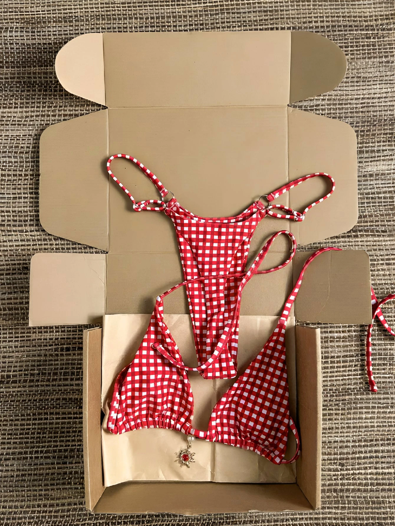Red Gingham Triangle Tie-Up Bikini Set Women's Swimwear Fashionable Checkered Two-Piece Beachwear