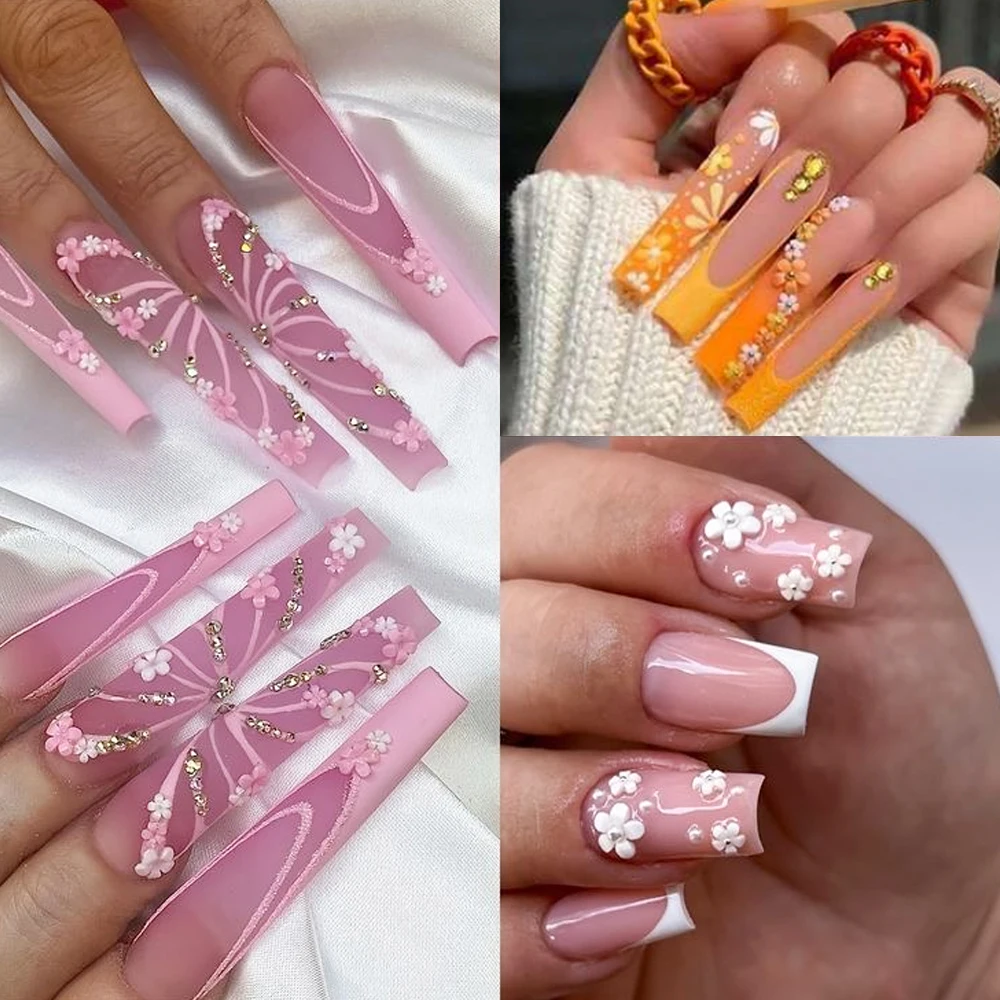 1Box 3D Pink/White Acrylic Flower Nail Charms with Gold&Silver Steel Beads Nail Art Decorations DIY Crafts Manicure Accessories