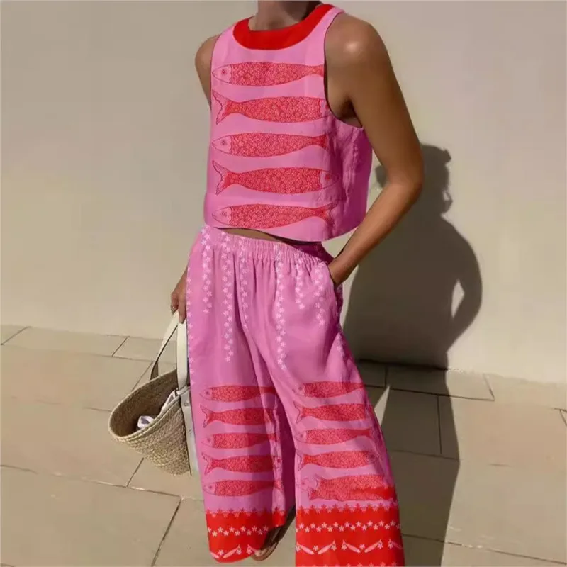 

Fashion Vest Top Trousers Two-piece Set Women's Summer Digital Print O-neck Pockets Casual Sets Suit For Women Loose Streetwear