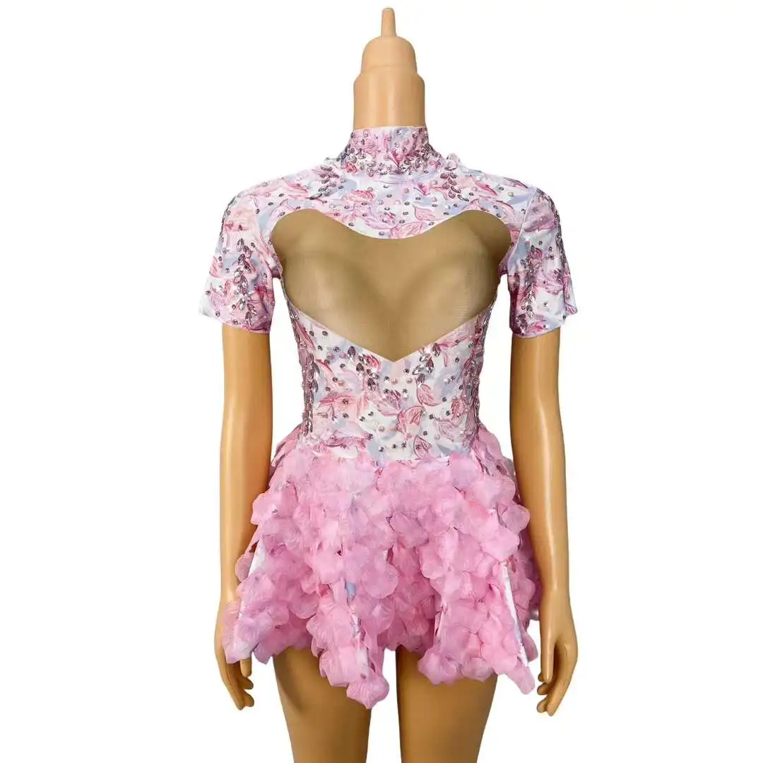 

Brand Designed Pink Flower Rhinestones Short Dress Birthday Celebrate Cute Leotard Costume Singer Show Outfit 2024 Huayu