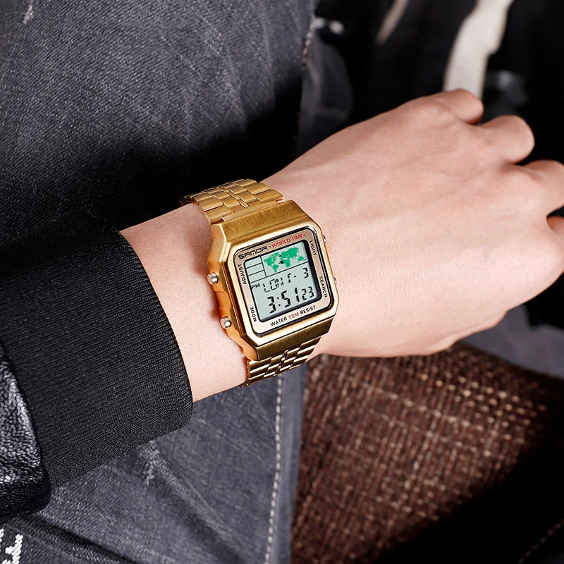 UTHAI L18 Jam Tangan Pria Jam Tangan Retro Bisnis 50M Kedap Air Multifungsi Jam Tangan Elektronik Teknologi Hitam Jam Tali Baja Modis