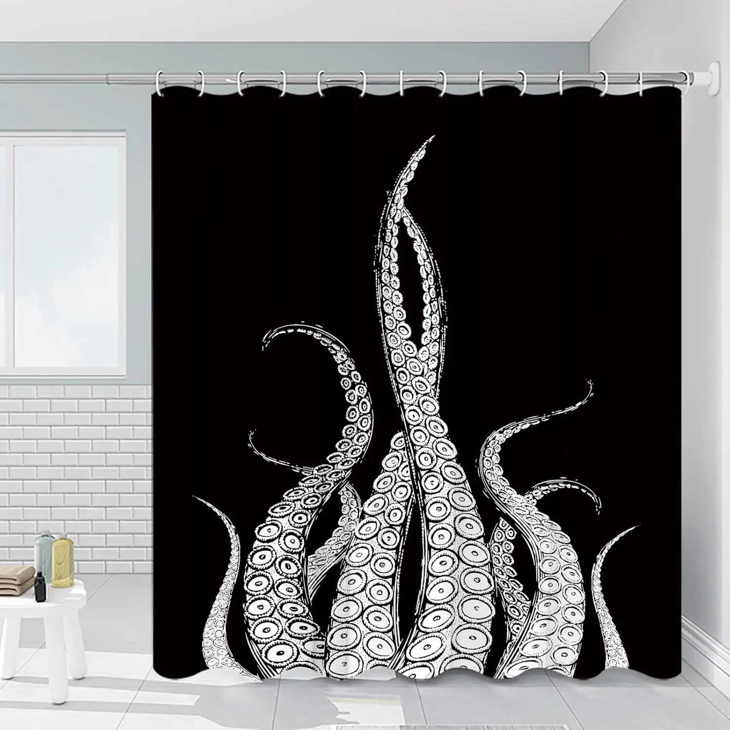 

Занавеска для душа с щупальцами осьминога, Крикен, океанское животное, морская морская жизнь, черный фон, креативное искусство, декор для ванной комнаты, шторы