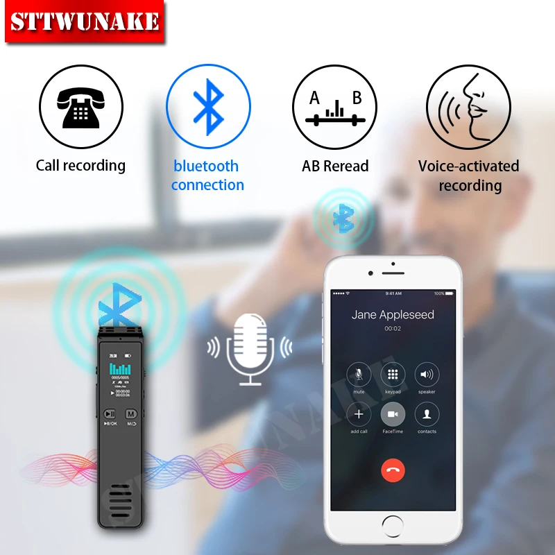 STTWUNAKE Voice recorder bluetooth recording activated audio sound digital professional Dictaphone USB PCM 1536Kbps device